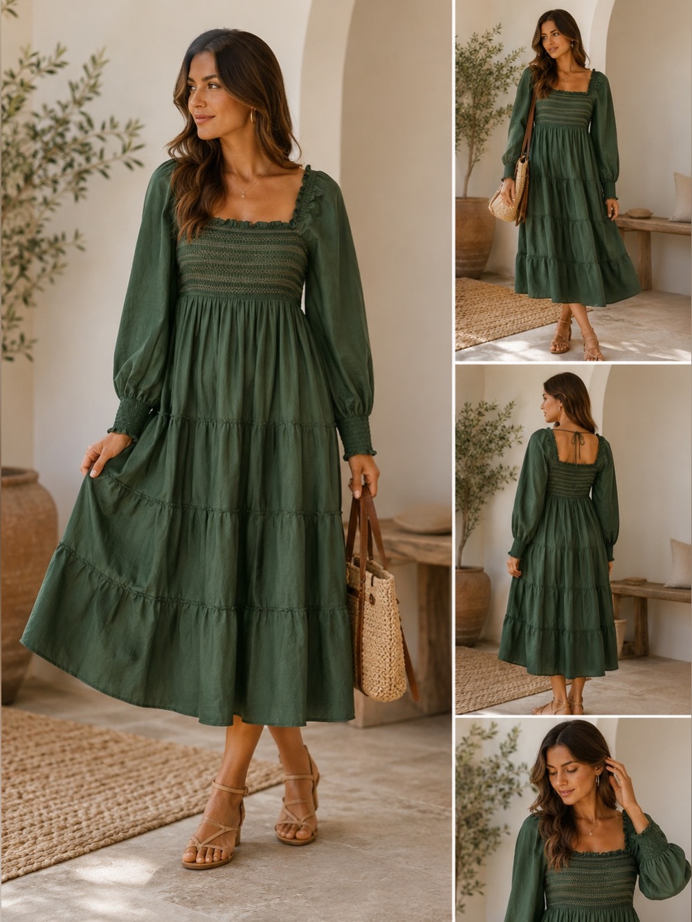 Hill House The Nap Dress Forest Green Smocked Square-Neck - like new!